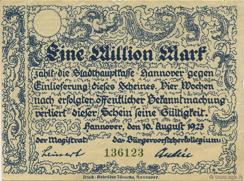 1 Million Mark DEUTSCHLAND Hannovre 1923  fVZ