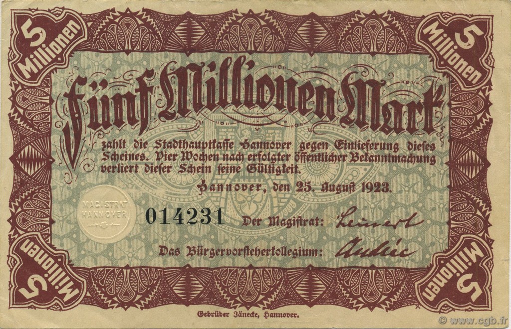 5 Millions Mark GERMANY Hannovre 1923  VF+