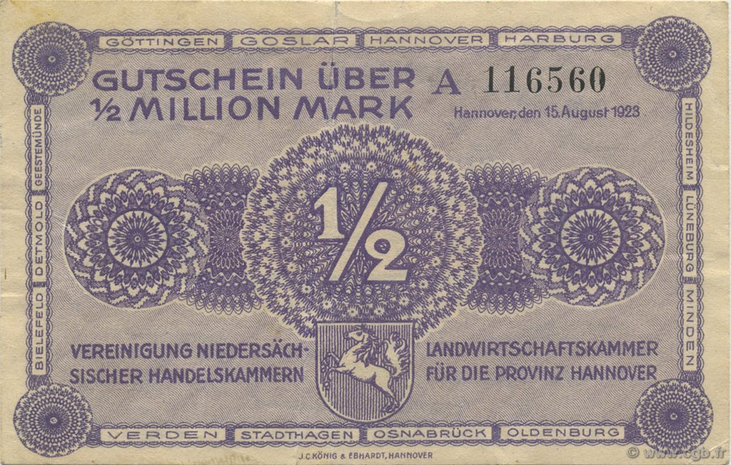 500000 Mark GERMANY Hannovre 1923  VF+