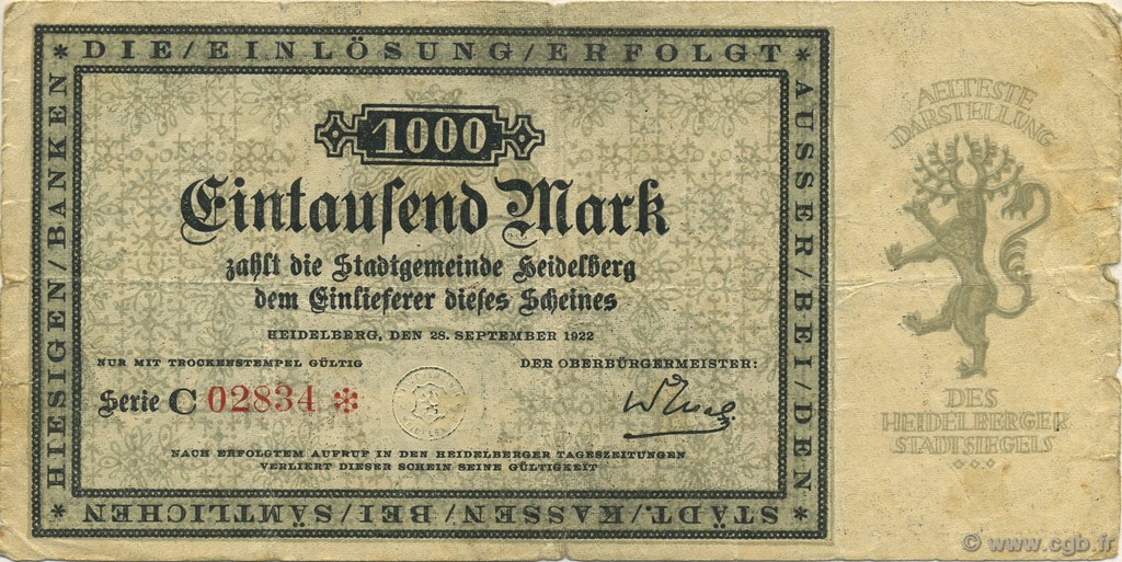 1000 Mark GERMANIA Heidelberg 1922  MB