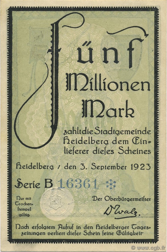 5 Millions Mark GERMANY Heidelberg 1923  AU