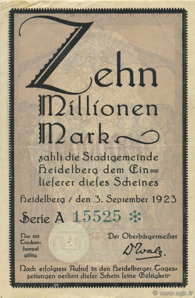 10 Millions Mark GERMANIA Heidelberg 1923  SPL