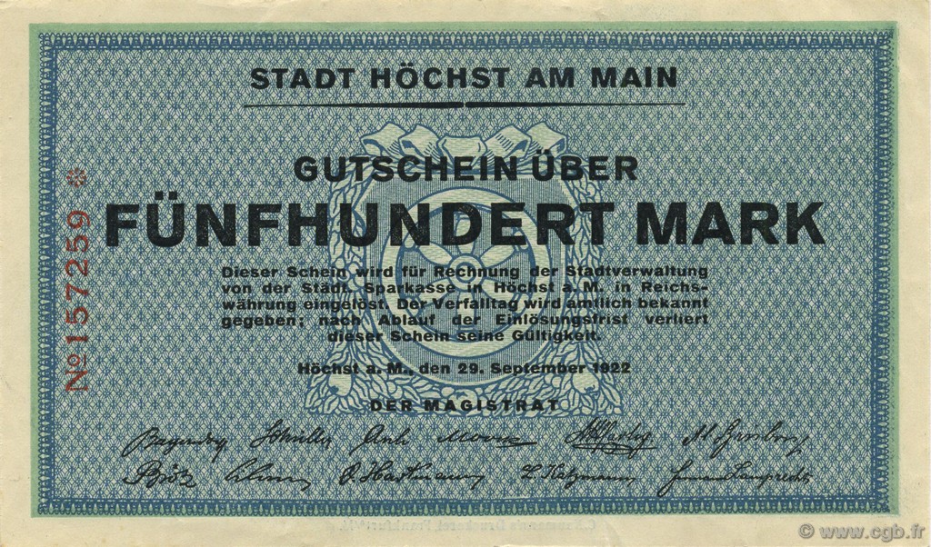 500 Mark ALEMANIA Hochst 1922  EBC