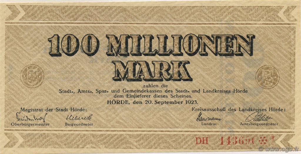 100 Millions Mark GERMANIA Hörde 1923  AU