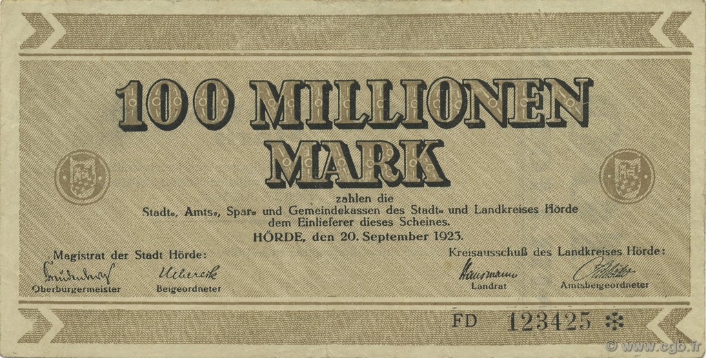 100 Millions Mark GERMANY Hörde 1923  VF