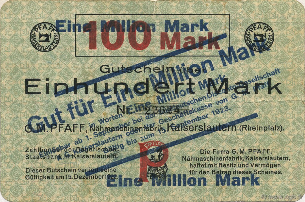 1 Million Mark GERMANIA Kaiserslautern 1923  BB