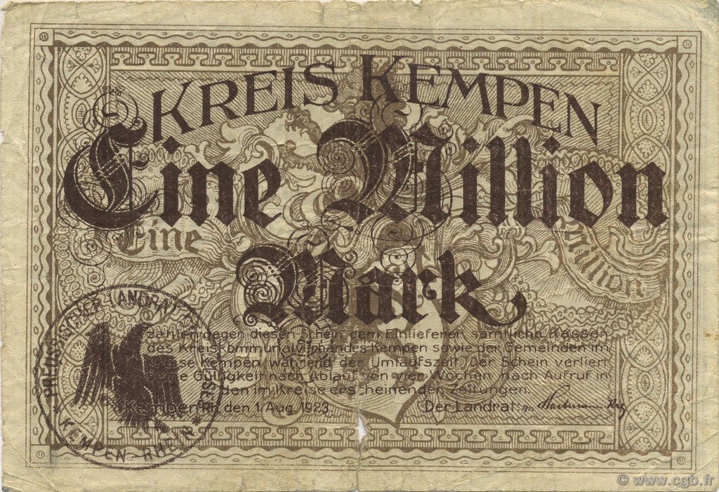 1 Million Mark GERMANY Kempen 1923  G
