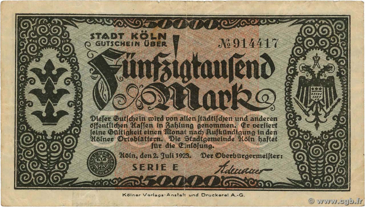 50000 Mark GERMANY Köln 1923  VF-