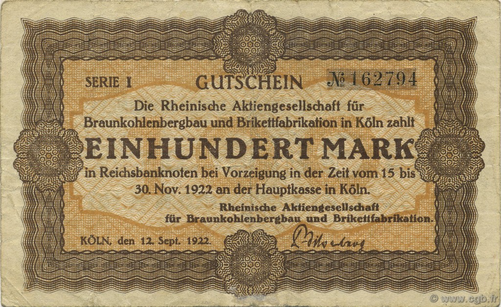 100 Mark GERMANY Köln 1922  VF