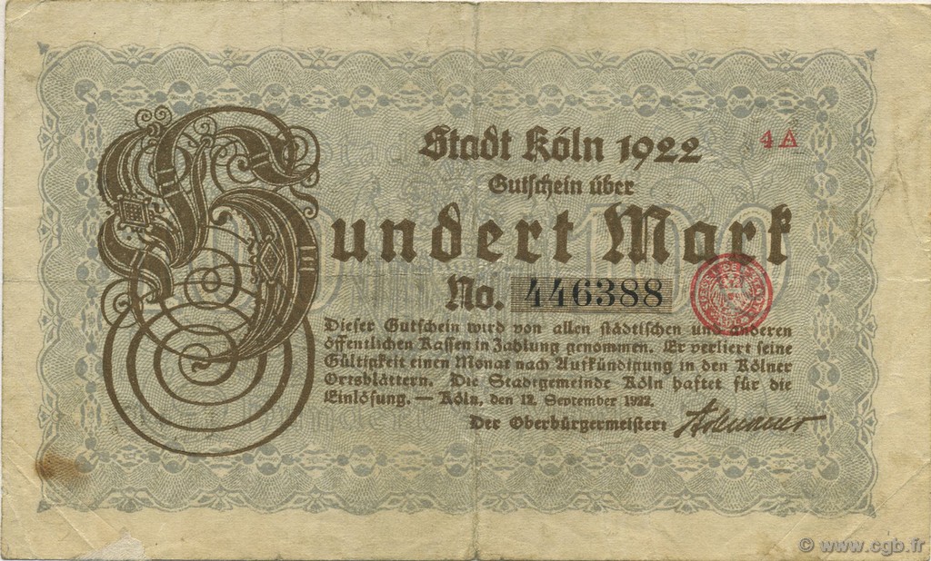 100 Mark GERMANIA Köln 1922  BB