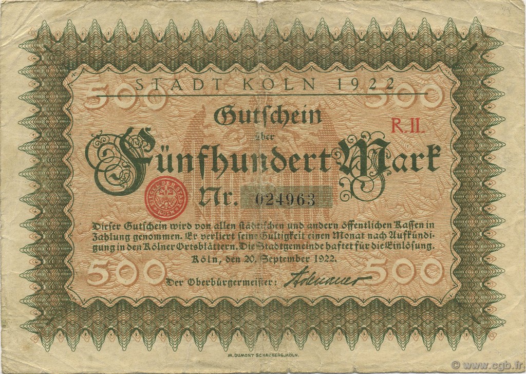500 Mark DEUTSCHLAND Köln 1922  S