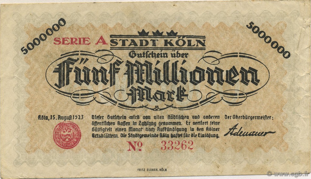 5 Millions Mark DEUTSCHLAND Köln 1923  SS