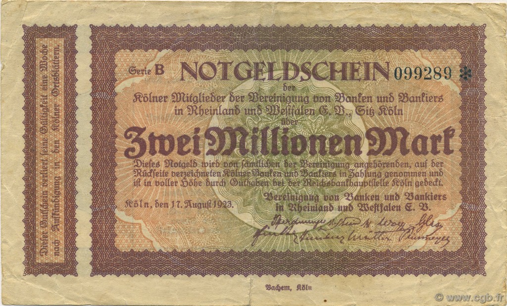 2 Millions Mark GERMANIA Köln 1923  q.BB