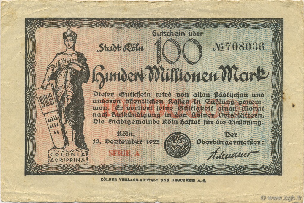 100 Millions Mark ALEMANIA Köln 1923  BC+