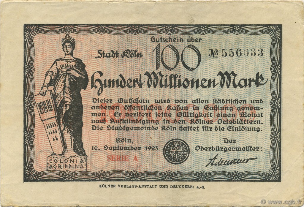 100 Millions Mark GERMANY Köln 1923  VF