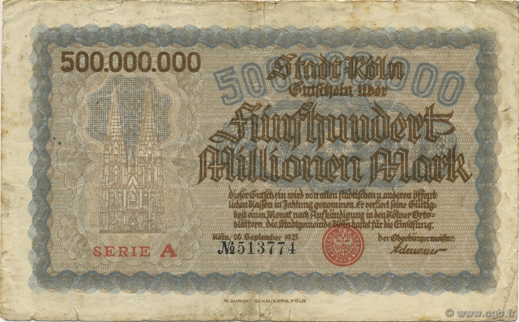 500 Millions Mark ALEMANIA Köln 1923  BC+