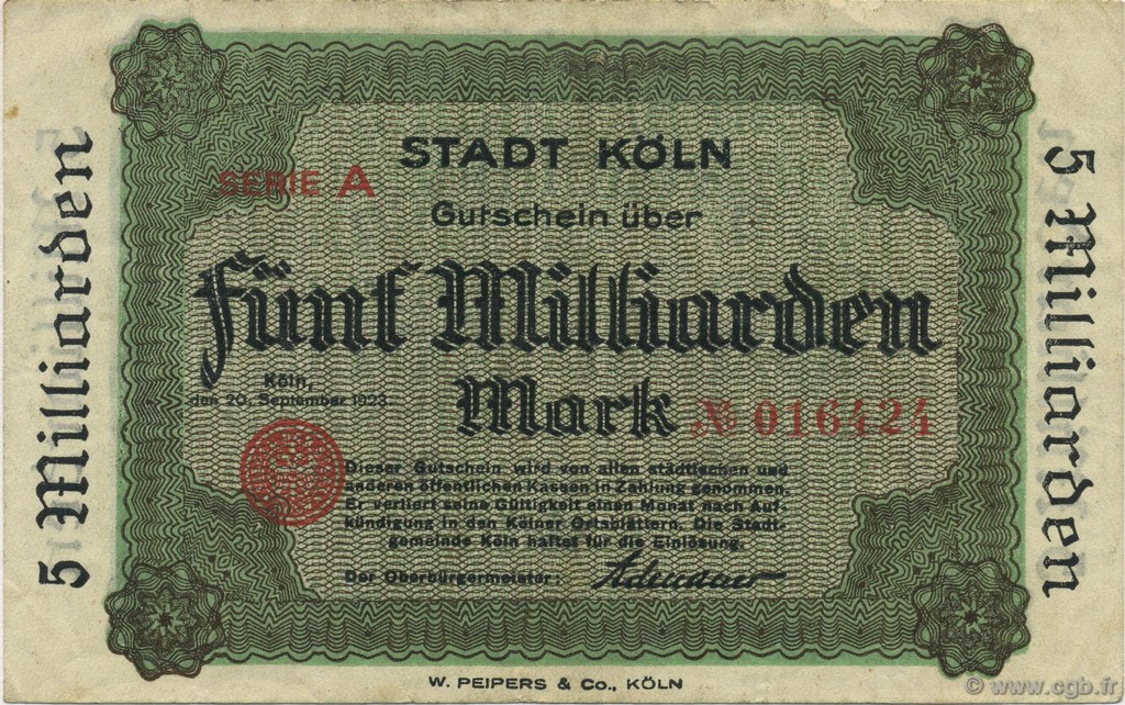 5 Milliards Mark ALEMANIA Köln 1923  MBC