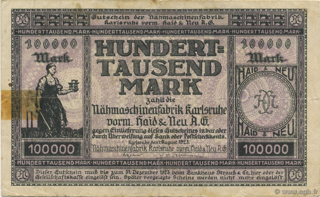 100000 Mark GERMANIA Karlsruhe 1923  q.MB