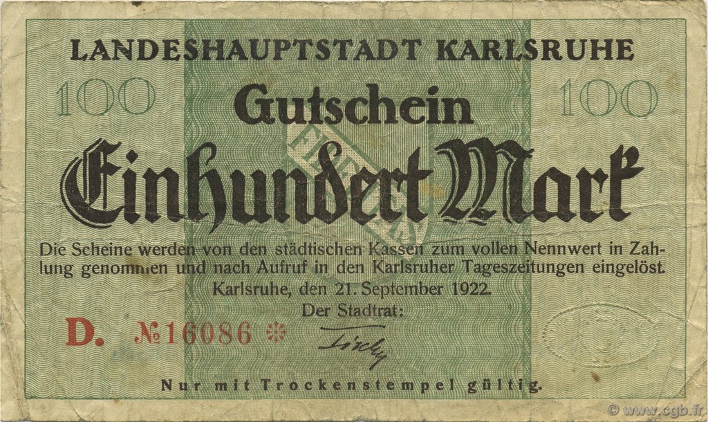 100 Mark GERMANIA Karlsruhe 1922  MB