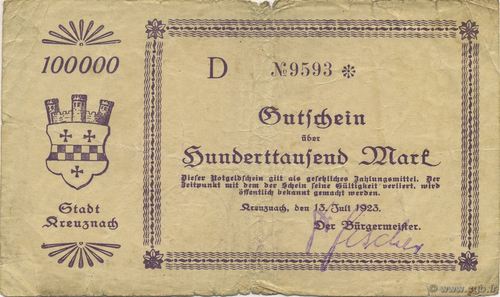 100000 Mark GERMANY Kreuznach 1923  F
