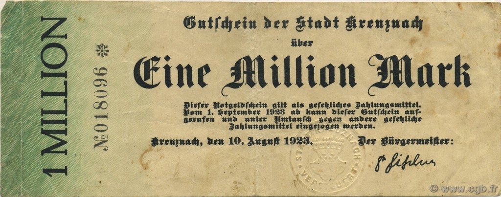 1 Million Mark GERMANY Kreuznach 1923  VF