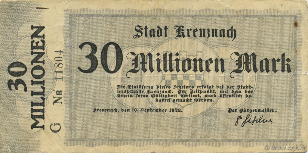 30 Millions Mark GERMANIA Kreuznach 1923  BB