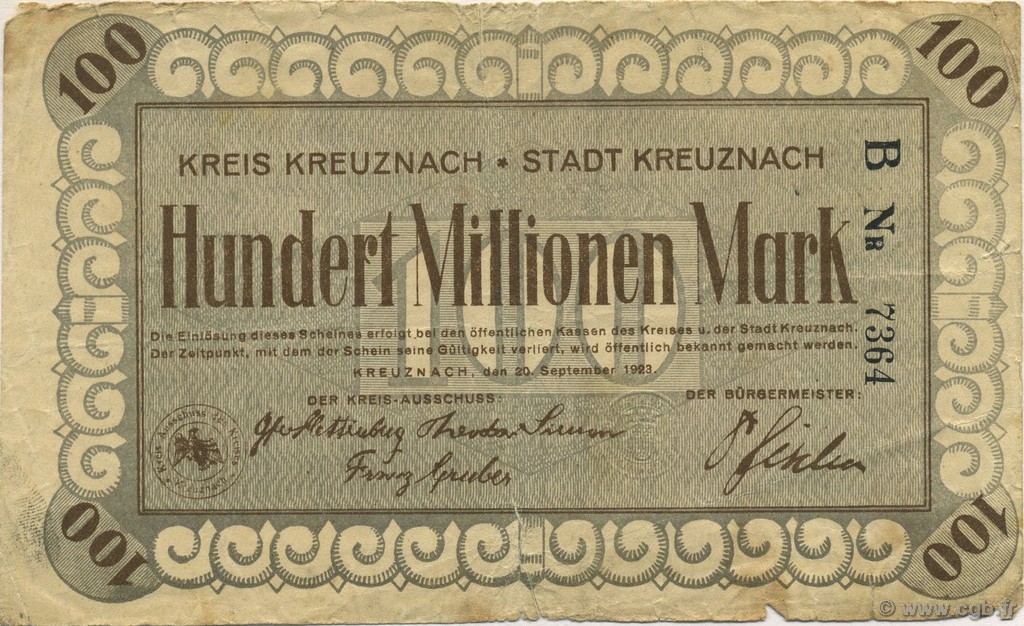 100 Millions Mark GERMANY Kreuznach 1923  VG