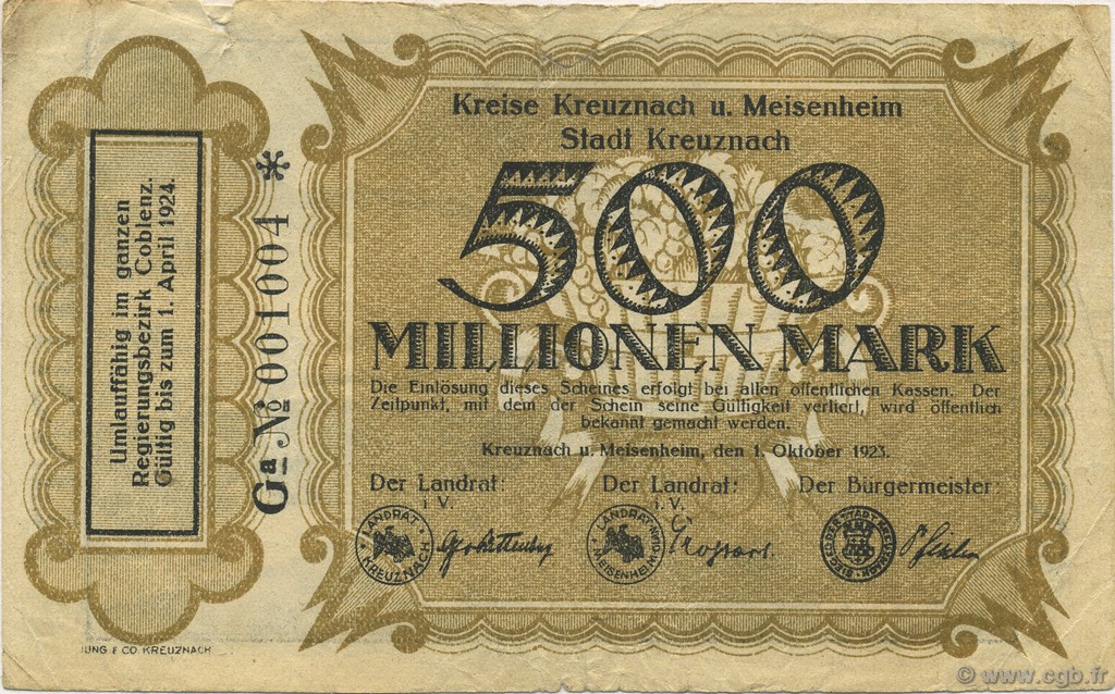 500 Millions Mark GERMANIA Kreuznach 1923  MB
