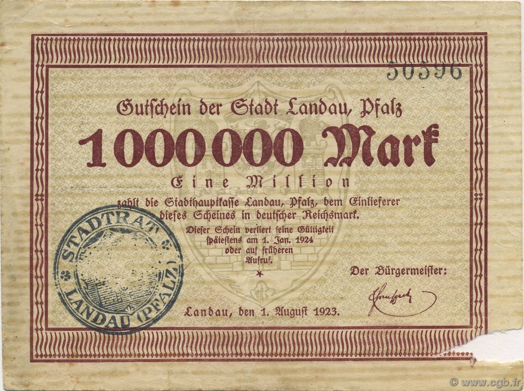 1 Million Mark GERMANY Landau Pfalz 1923  F