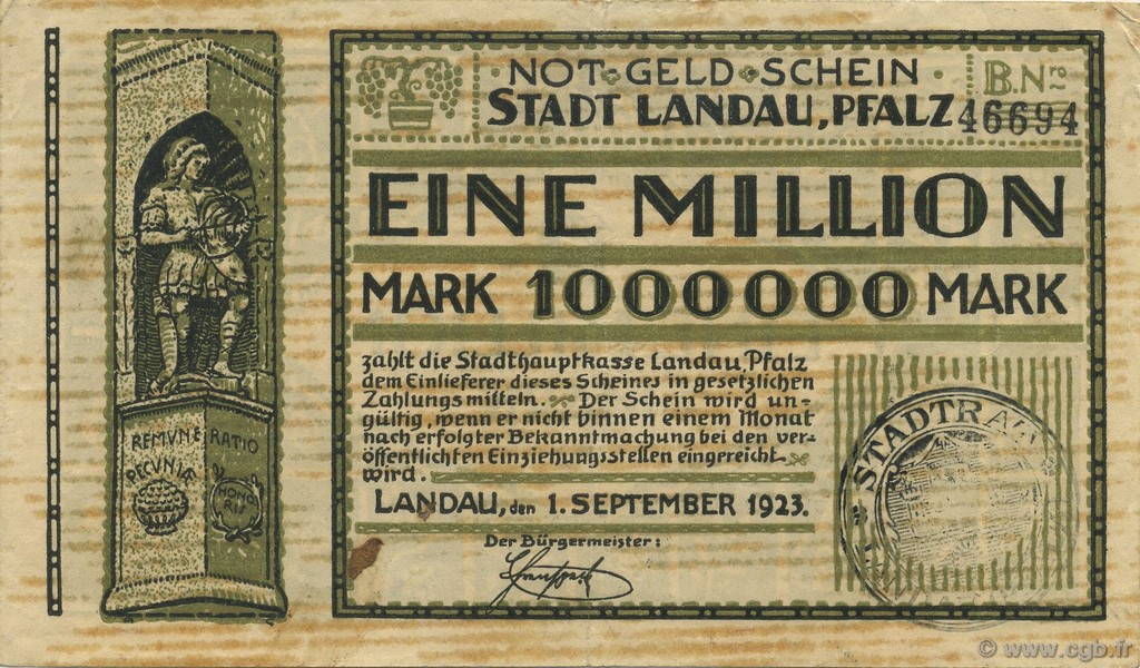 1 Million Mark GERMANY Landau Pfalz 1923  F+