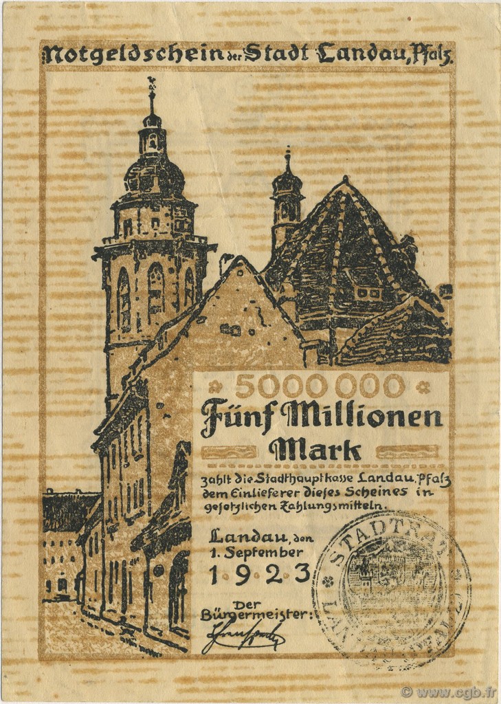 5 Millions Mark GERMANY Landau Pfalz 1923  F+