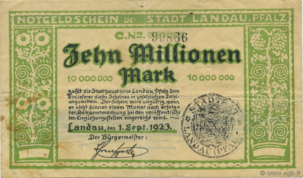 10 Millions Mark GERMANY Landau Pfalz 1923  VF