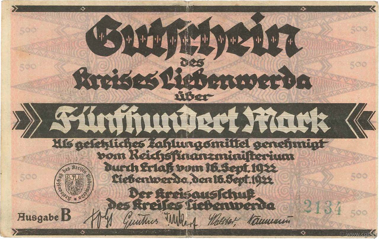 500 Mark DEUTSCHLAND Liebenwerda 1922  S to SS