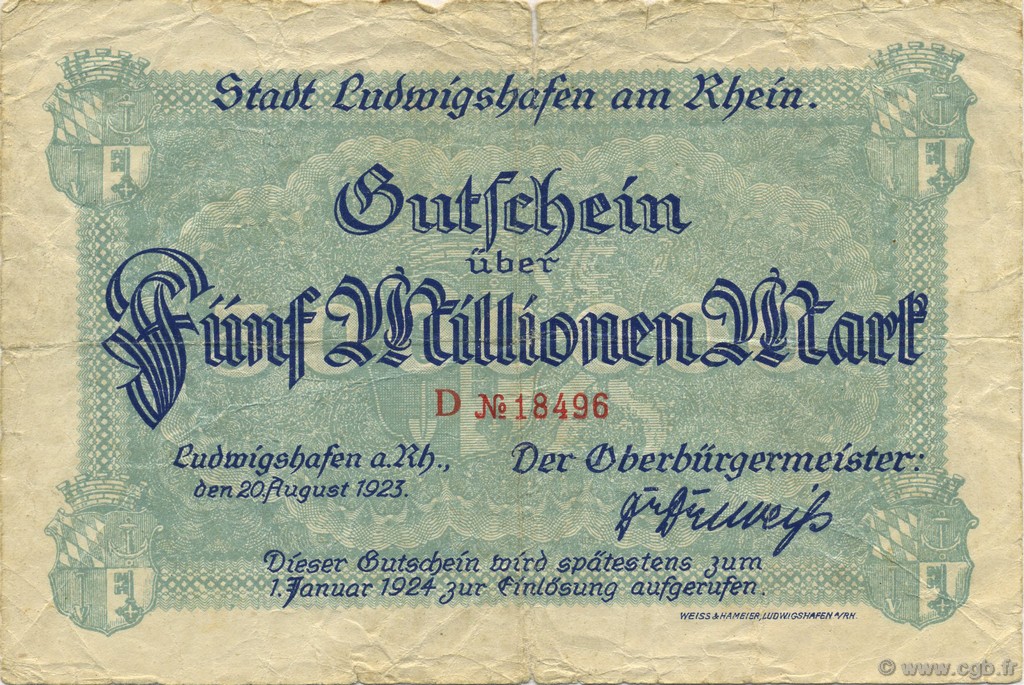 5 Millions Mark GERMANY Ludwigshafen 1923  VG