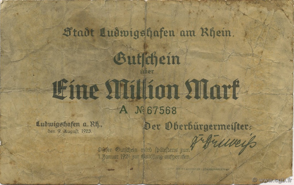 1 Million Mark GERMANY Ludwigshafen 1923  VG
