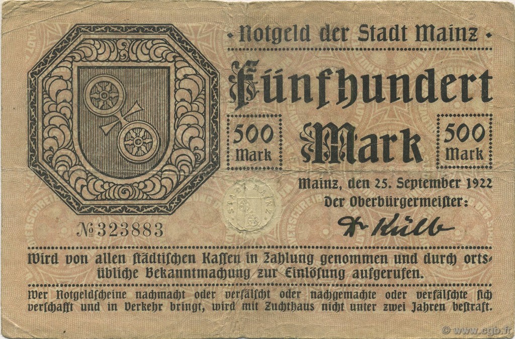 500 Mark DEUTSCHLAND Mainz-Mayence 1922  fS
