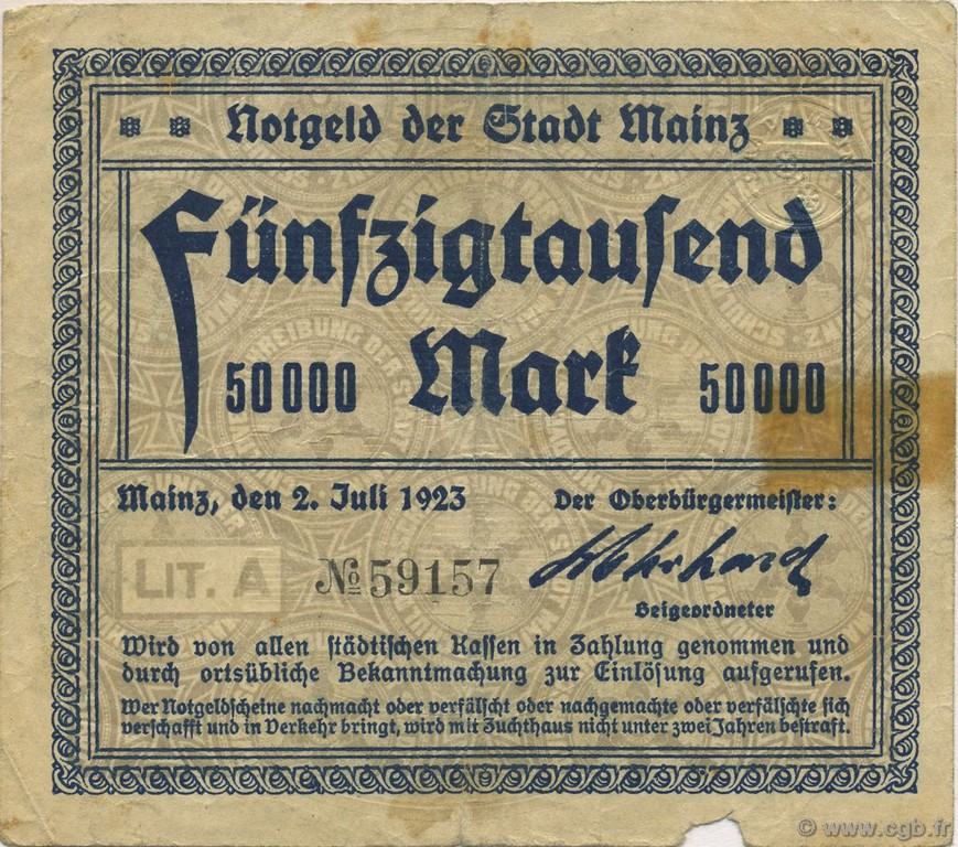 50000 Mark GERMANY Mainz-Mayence 1923  VG