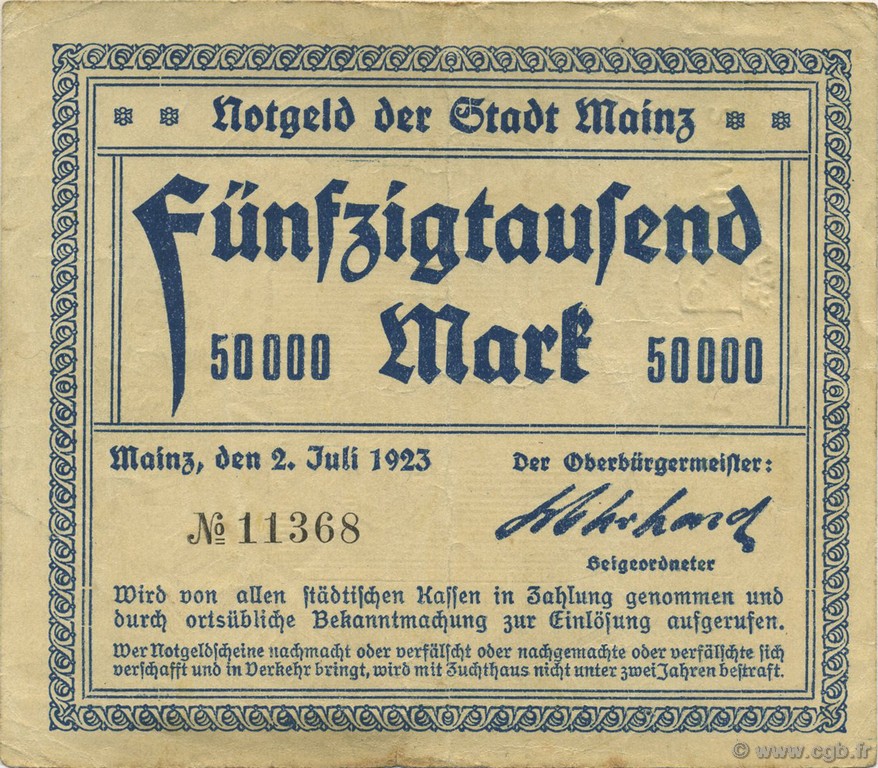 50000 Mark DEUTSCHLAND Mainz-Mayence 1923  SS