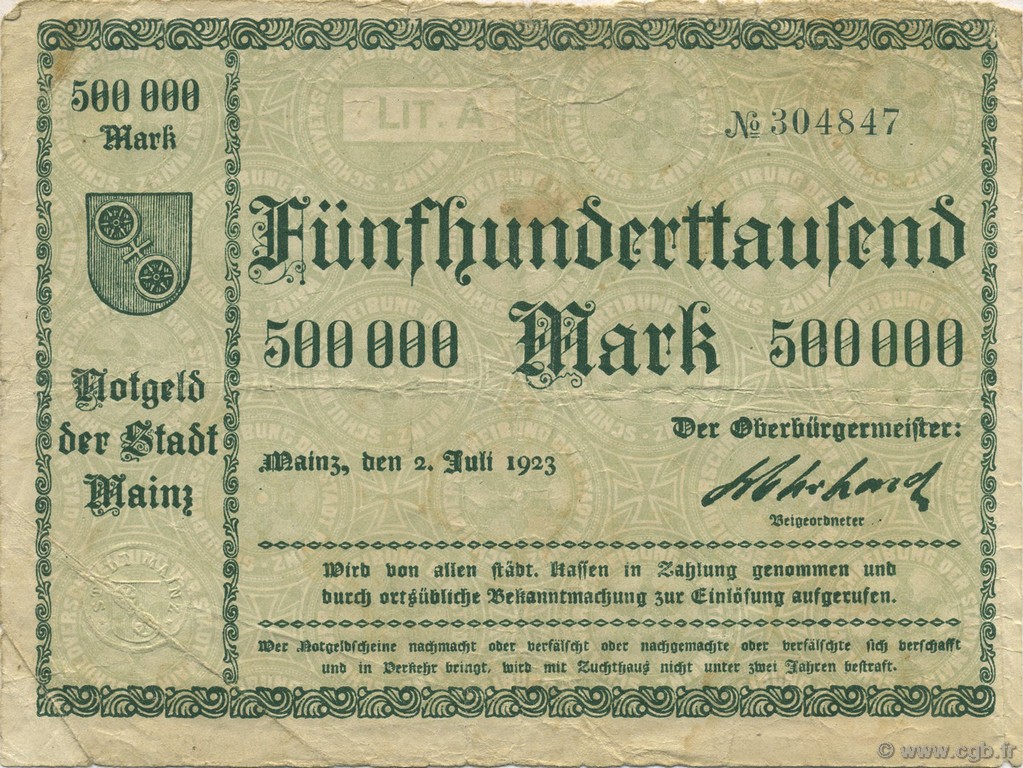 500000 Mark GERMANY Mainz-Mayence 1923  VG