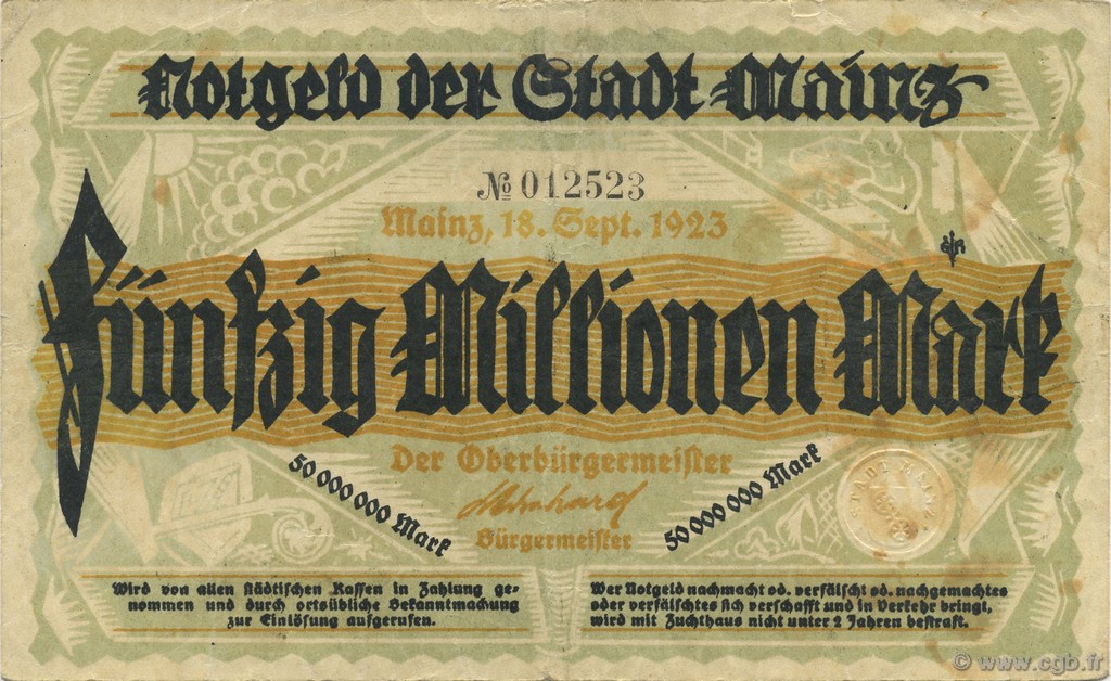 50 Millions Mark GERMANY Mainz-Mayence 1923  VF