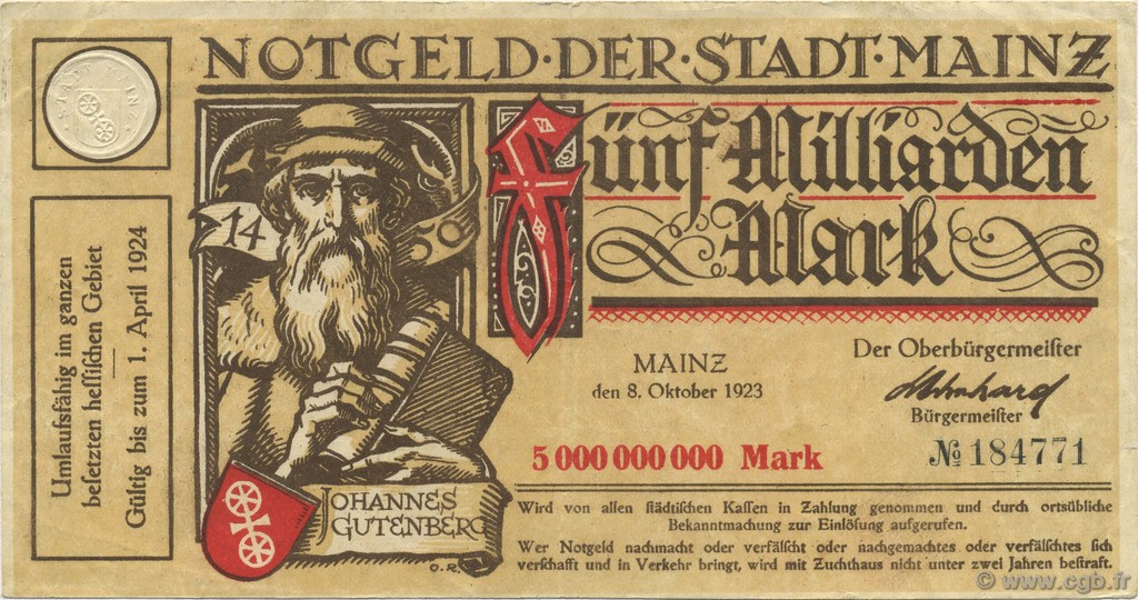5 Milliards Mark GERMANY Mainz-Mayence 1923  VF