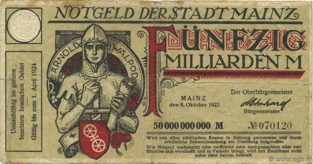 50 Milliards Mark GERMANY Mainz-Mayence 1923  F