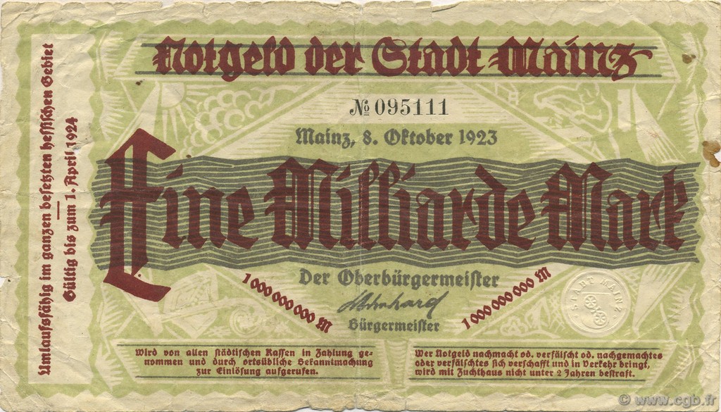 1 Milliard Mark GERMANY Mainz-Mayence 1923  VG