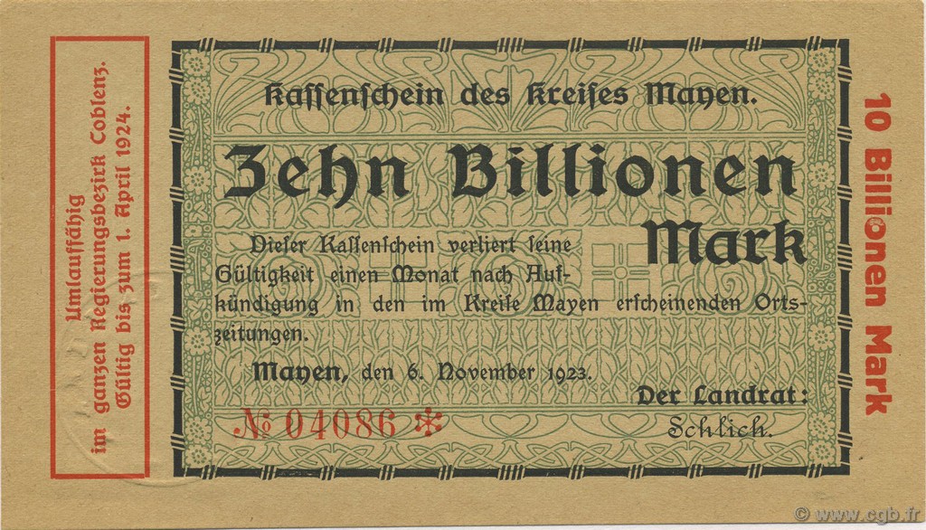 10 Billions Mark DEUTSCHLAND Mayen 1923  fST+