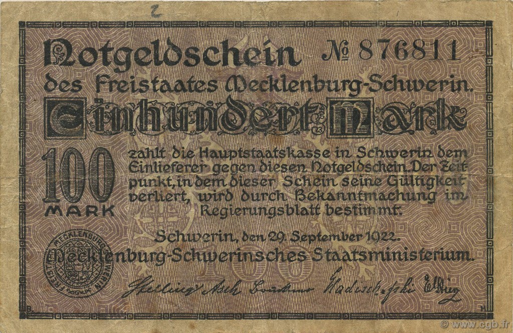 100 Mark GERMANY Mecklenburg-Schwerin 1922  VF