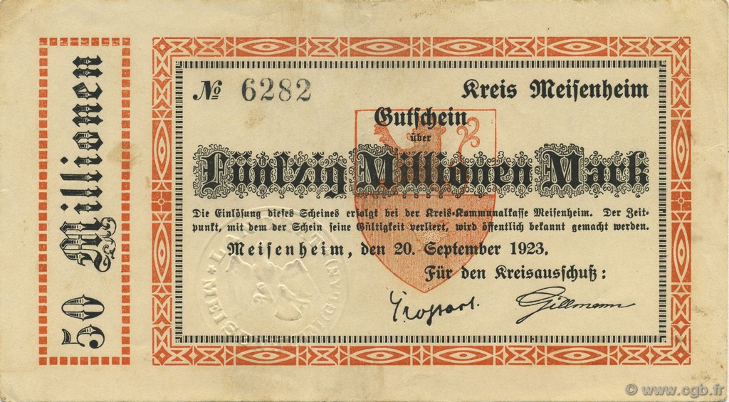 50 Millions Mark GERMANY Meisenheim 1923  VF