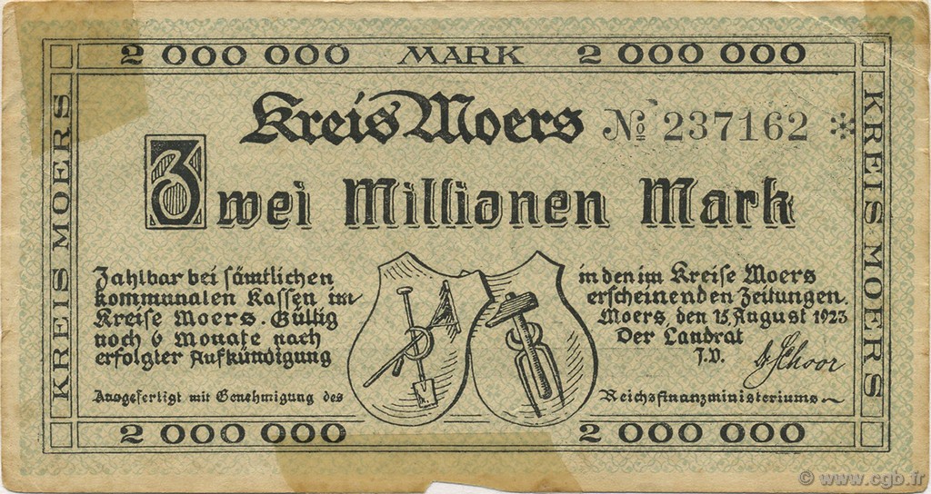 2 Millions Mark DEUTSCHLAND Moers 1923  S
