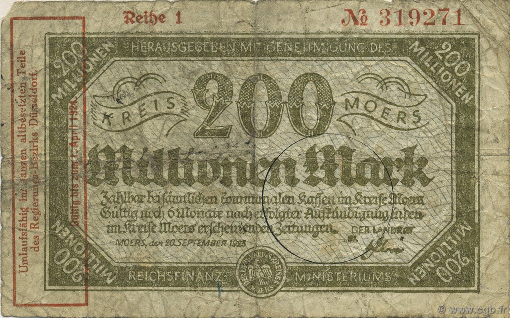 200 Millions Mark GERMANIA Moers 1923  q.MB