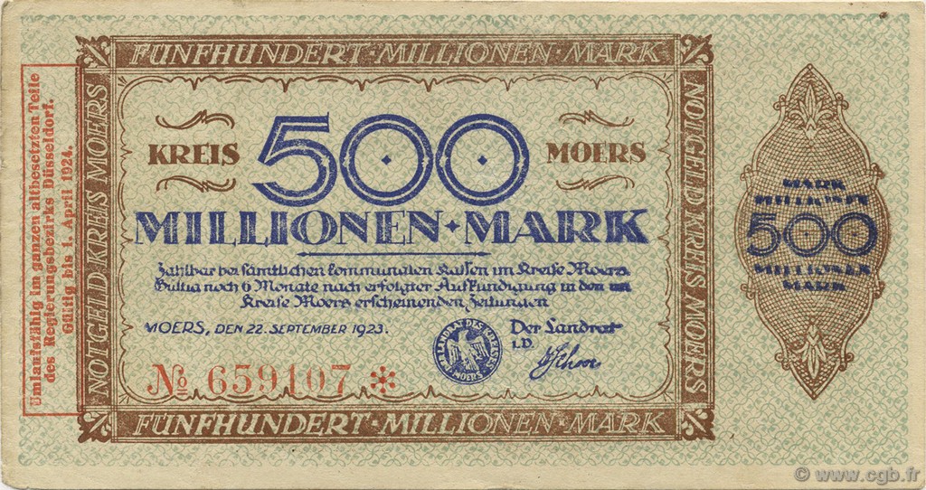 500 Millions Mark GERMANIA Moers 1923  BB