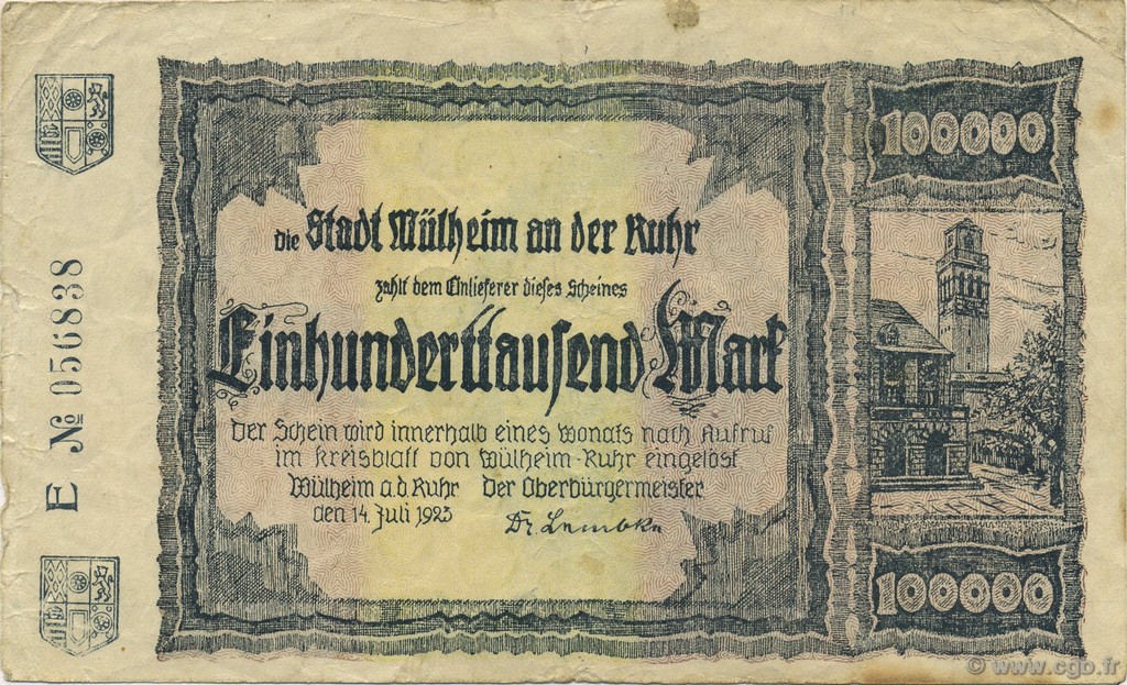 100000 Mark GERMANIA Mülheim 1923  q.BB